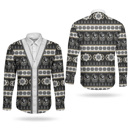 Collingwood Football Christmas Couples Matching Off Shoulder Maxi Dress and Long Sleeve Button Shirt Aboriginal Seamless Cardigan Inspired