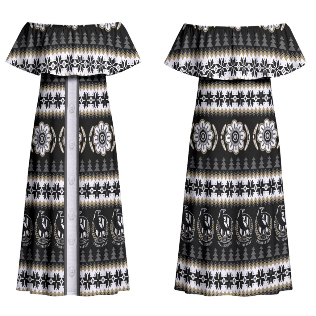 Collingwood Football Christmas Couples Matching Off Shoulder Maxi Dress and Long Sleeve Button Shirt Aboriginal Seamless Cardigan Inspired