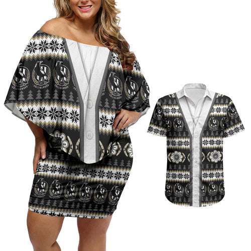 Collingwood Football Christmas Couples Matching Off Shoulder Short Dress and Hawaiian Shirt Aboriginal Seamless Cardigan Inspired