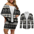 Collingwood Football Christmas Couples Matching Off Shoulder Short Dress and Long Sleeve Button Shirt Aboriginal Seamless Cardigan Inspired