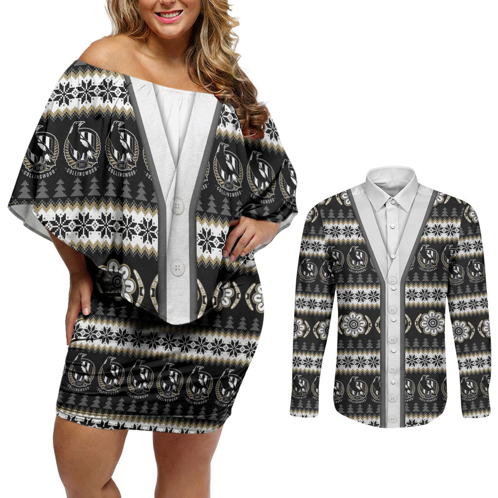 Collingwood Football Christmas Couples Matching Off Shoulder Short Dress and Long Sleeve Button Shirt Aboriginal Seamless Cardigan Inspired