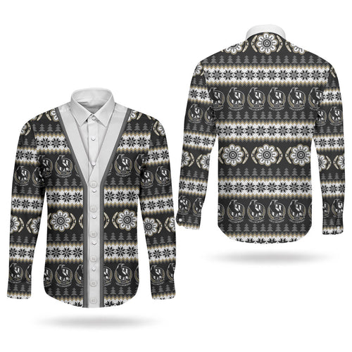 Collingwood Football Christmas Couples Matching Off Shoulder Short Dress and Long Sleeve Button Shirt Aboriginal Seamless Cardigan Inspired