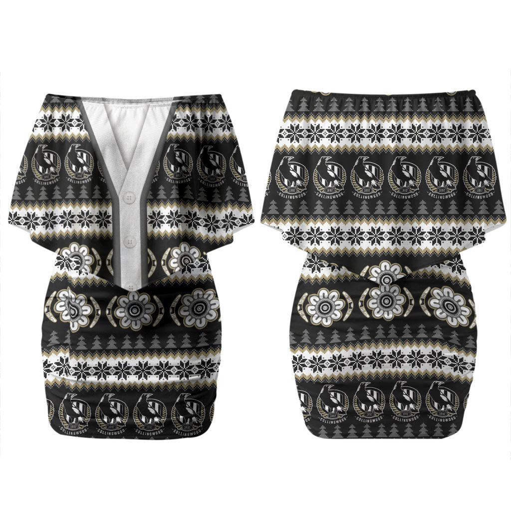 Collingwood Football Christmas Couples Matching Off Shoulder Short Dress and Long Sleeve Button Shirt Aboriginal Seamless Cardigan Inspired