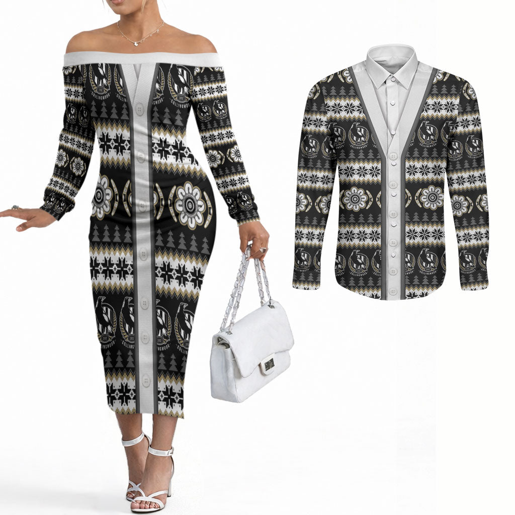 Collingwood Football Christmas Couples Matching Off The Shoulder Long Sleeve Dress and Long Sleeve Button Shirt Aboriginal Seamless Cardigan Inspired