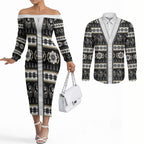 Collingwood Football Christmas Couples Matching Off The Shoulder Long Sleeve Dress and Long Sleeve Button Shirt Aboriginal Seamless Cardigan Inspired