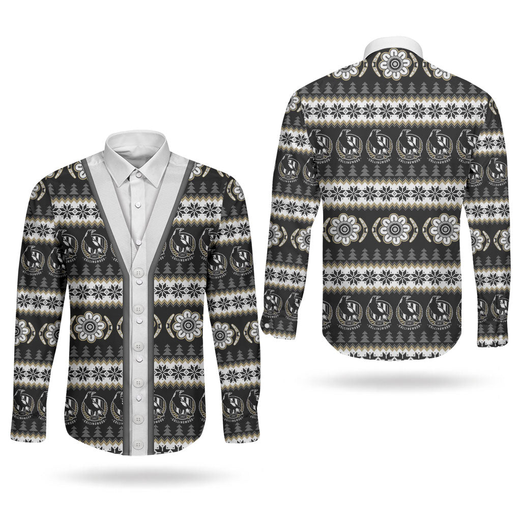 Collingwood Football Christmas Couples Matching Off The Shoulder Long Sleeve Dress and Long Sleeve Button Shirt Aboriginal Seamless Cardigan Inspired
