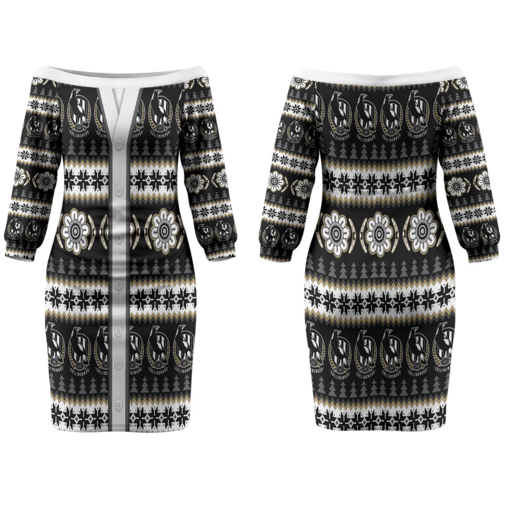 Collingwood Football Christmas Couples Matching Off The Shoulder Long Sleeve Dress and Long Sleeve Button Shirt Aboriginal Seamless Cardigan Inspired
