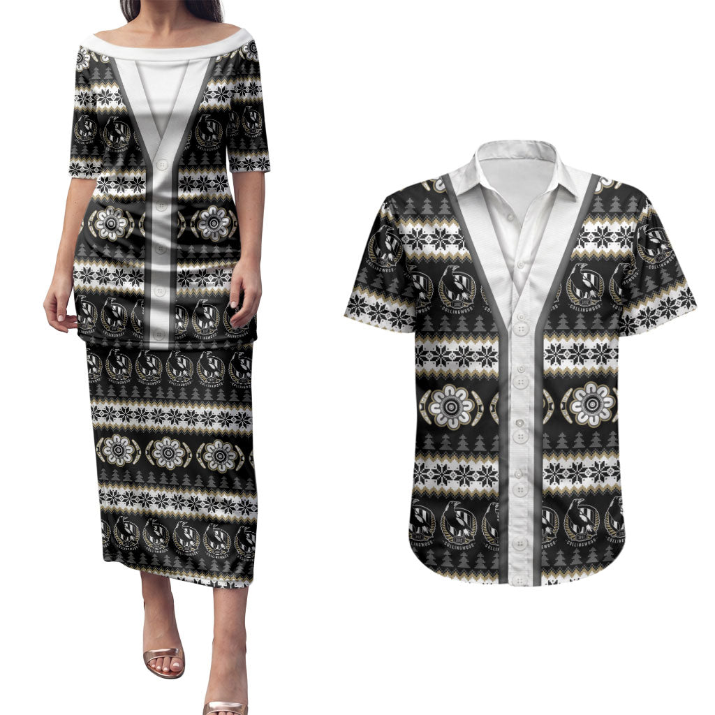 Collingwood Football Christmas Couples Matching Puletasi and Hawaiian Shirt Aboriginal Seamless Cardigan Inspired