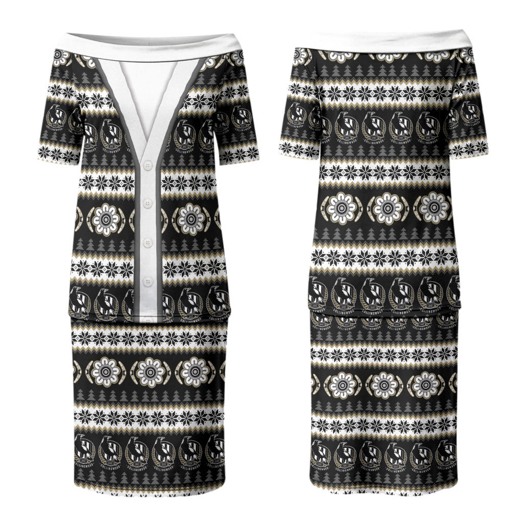 Collingwood Football Christmas Couples Matching Puletasi and Hawaiian Shirt Aboriginal Seamless Cardigan Inspired