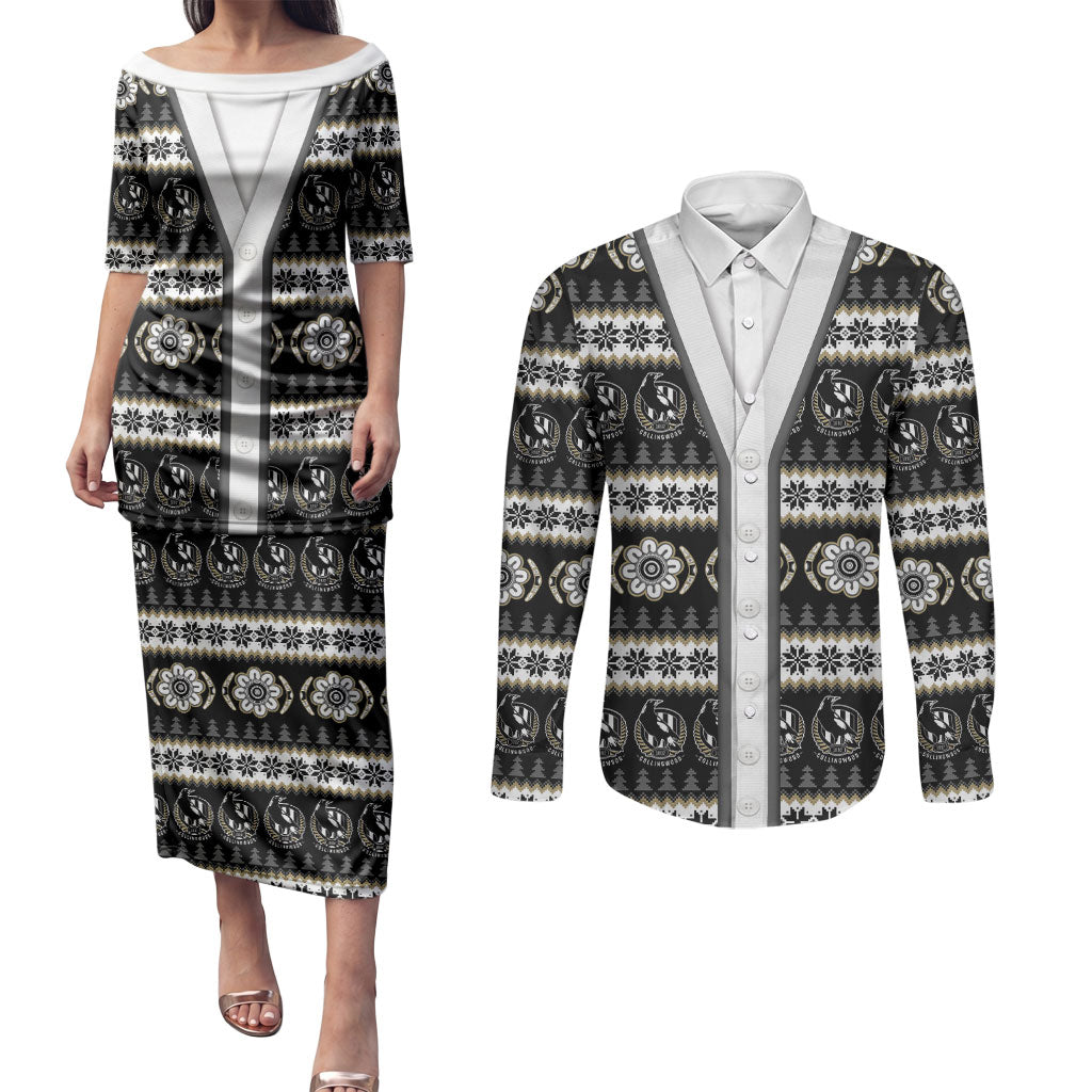 Collingwood Football Christmas Couples Matching Puletasi and Long Sleeve Button Shirt Aboriginal Seamless Cardigan Inspired