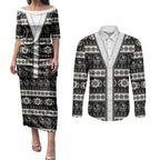 Collingwood Football Christmas Couples Matching Puletasi and Long Sleeve Button Shirt Aboriginal Seamless Cardigan Inspired