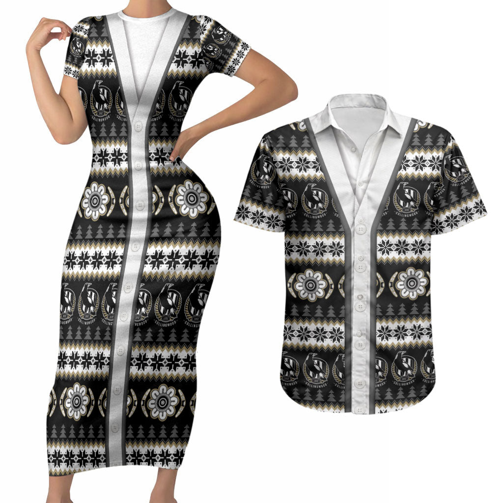 Collingwood Football Christmas Couples Matching Short Sleeve Bodycon Dress and Hawaiian Shirt Aboriginal Seamless Cardigan Inspired