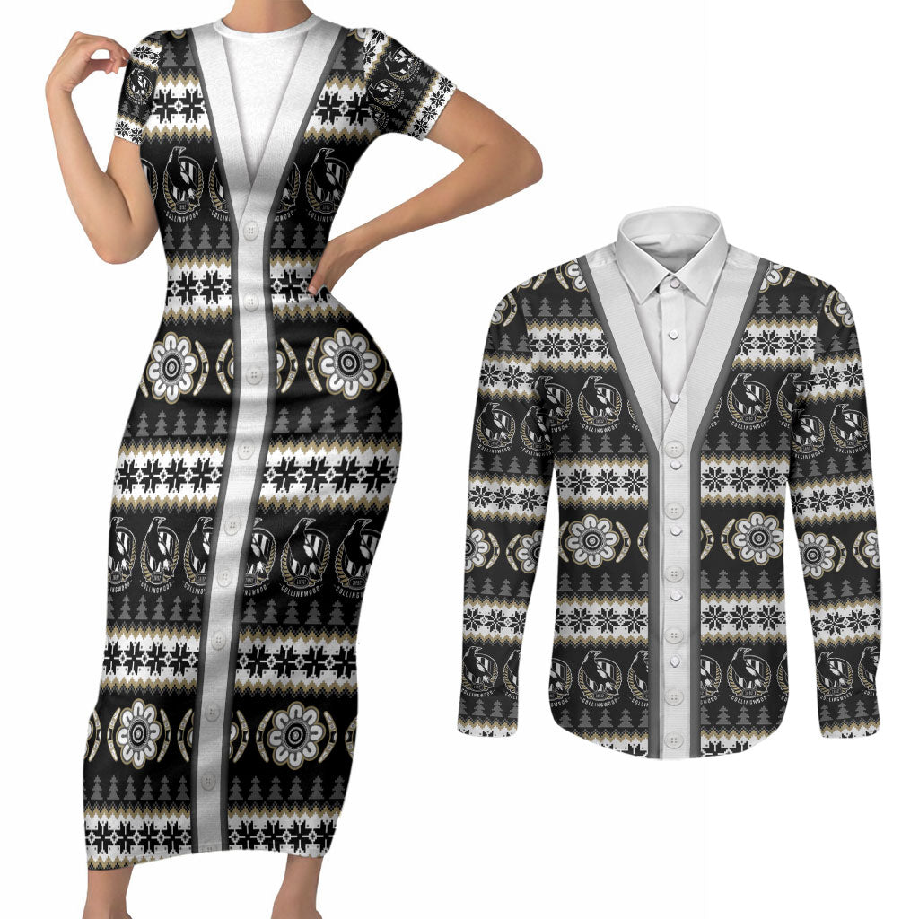 Collingwood Football Christmas Couples Matching Short Sleeve Bodycon Dress and Long Sleeve Button Shirt Aboriginal Seamless Cardigan Inspired