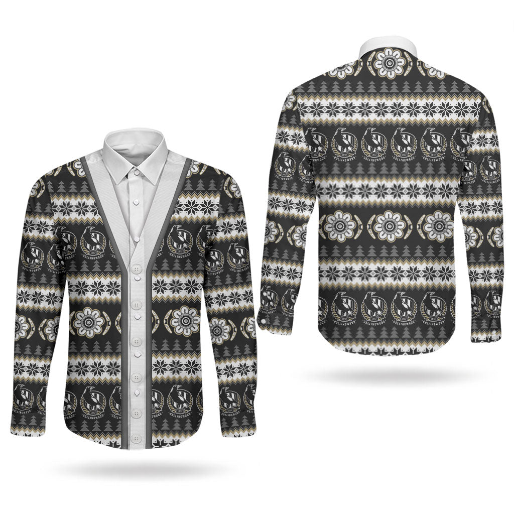 Collingwood Football Christmas Couples Matching Short Sleeve Bodycon Dress and Long Sleeve Button Shirt Aboriginal Seamless Cardigan Inspired