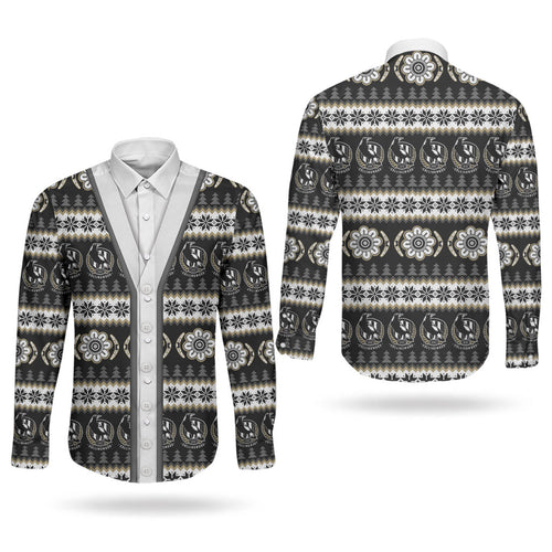 Collingwood Football Christmas Couples Matching Short Sleeve Bodycon Dress and Long Sleeve Button Shirt Aboriginal Seamless Cardigan Inspired