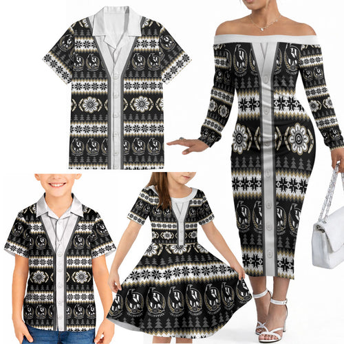 Collingwood Football Christmas Family Matching Off The Shoulder Long Sleeve Dress and Hawaiian Shirt Aboriginal Seamless Cardigan Inspired
