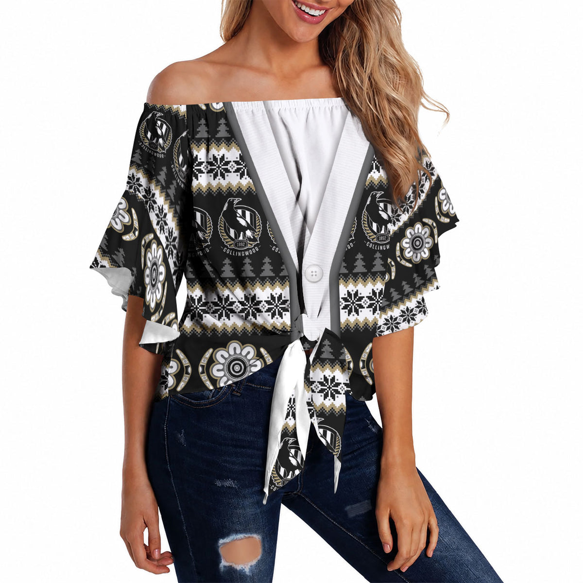 Collingwood Football Christmas Off Shoulder Wrap Waist Top Aboriginal Seamless Cardigan Inspired