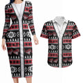 Essendon Football Christmas Couples Matching Long Sleeve Bodycon Dress and Hawaiian Shirt Aboriginal Seamless Cardigan Inspired