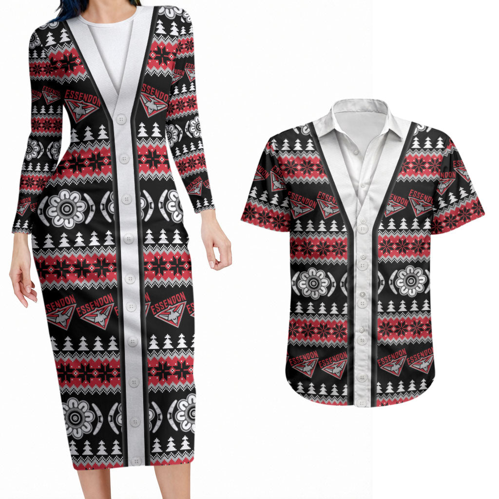Essendon Football Christmas Couples Matching Long Sleeve Bodycon Dress and Hawaiian Shirt Aboriginal Seamless Cardigan Inspired