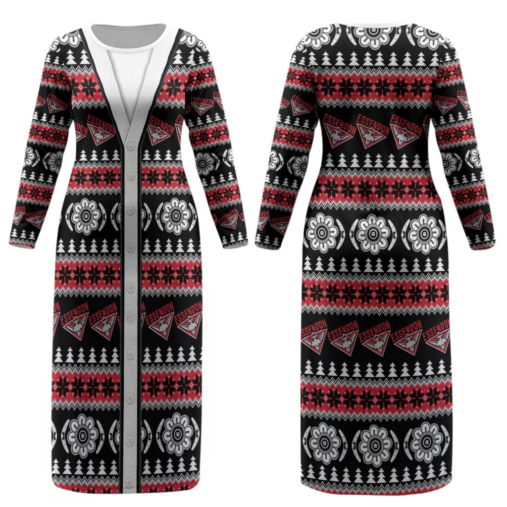 Essendon Football Christmas Couples Matching Long Sleeve Bodycon Dress and Hawaiian Shirt Aboriginal Seamless Cardigan Inspired