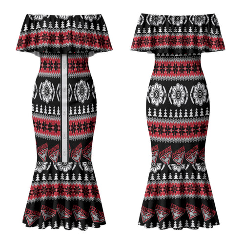 Essendon Football Christmas Couples Matching Mermaid Dress and Hawaiian Shirt Aboriginal Seamless Cardigan Inspired