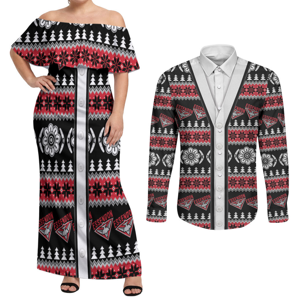 Essendon Football Christmas Couples Matching Off Shoulder Maxi Dress and Long Sleeve Button Shirt Aboriginal Seamless Cardigan Inspired