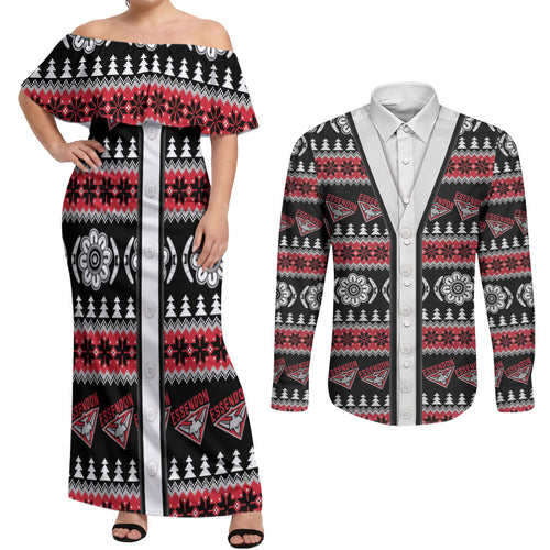 Essendon Football Christmas Couples Matching Off Shoulder Maxi Dress and Long Sleeve Button Shirt Aboriginal Seamless Cardigan Inspired