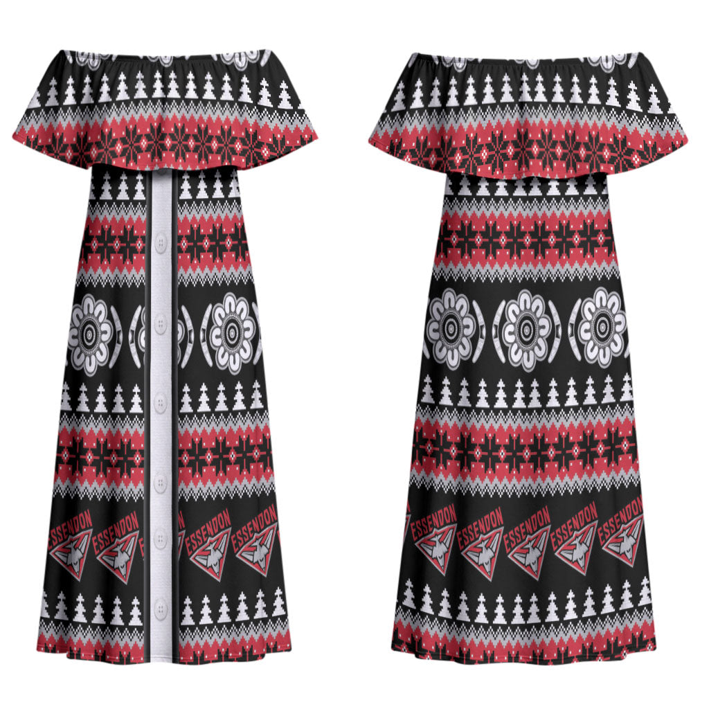 Essendon Football Christmas Couples Matching Off Shoulder Maxi Dress and Long Sleeve Button Shirt Aboriginal Seamless Cardigan Inspired