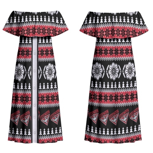 Essendon Football Christmas Couples Matching Off Shoulder Maxi Dress and Long Sleeve Button Shirt Aboriginal Seamless Cardigan Inspired
