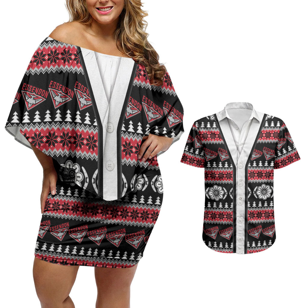 Essendon Football Christmas Couples Matching Off Shoulder Short Dress and Hawaiian Shirt Aboriginal Seamless Cardigan Inspired