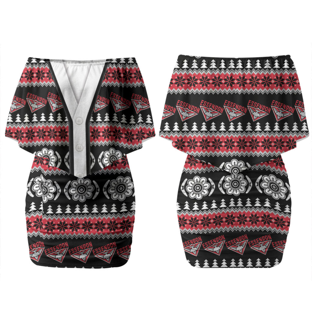 Essendon Football Christmas Couples Matching Off Shoulder Short Dress and Hawaiian Shirt Aboriginal Seamless Cardigan Inspired