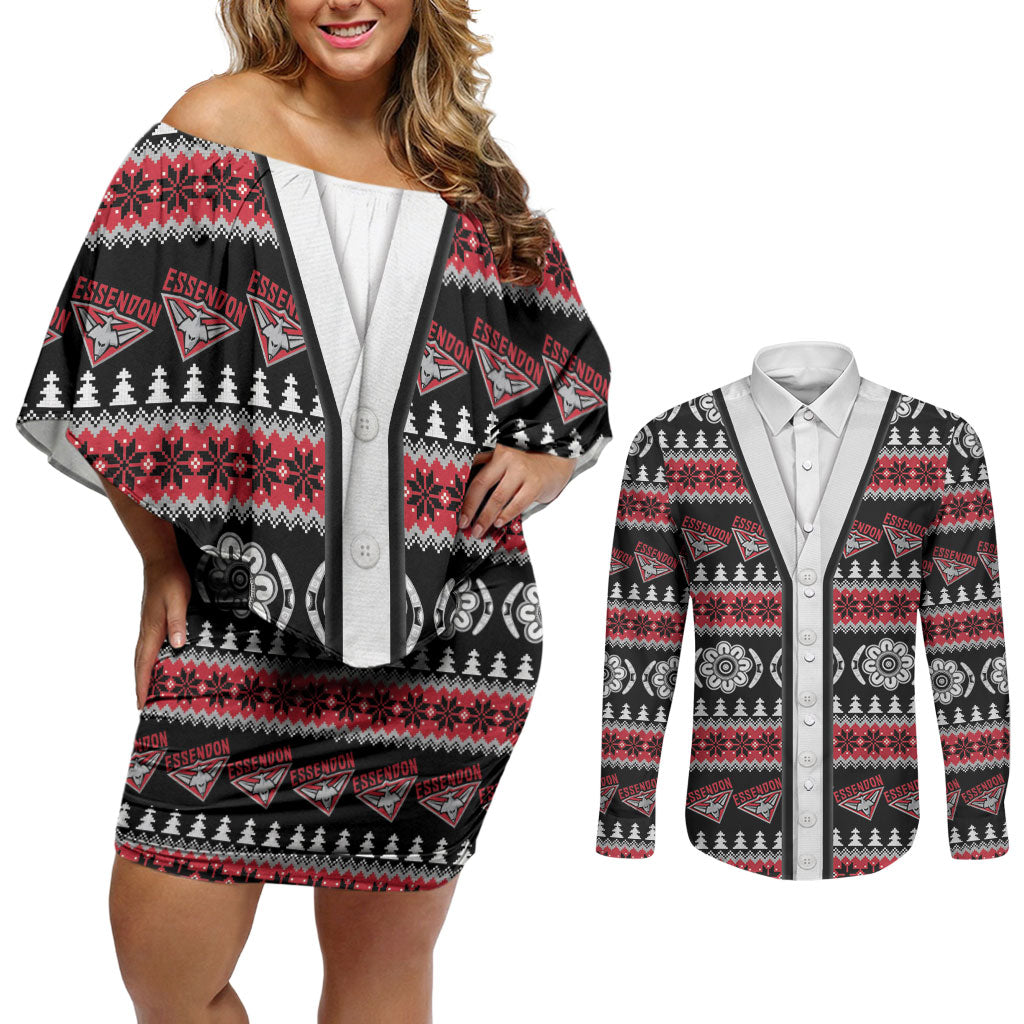 Essendon Football Christmas Couples Matching Off Shoulder Short Dress and Long Sleeve Button Shirt Aboriginal Seamless Cardigan Inspired