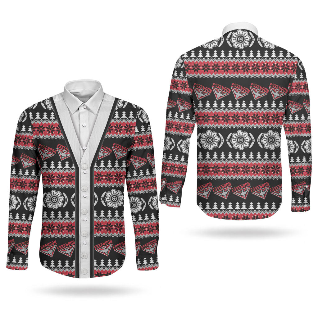 Essendon Football Christmas Couples Matching Off Shoulder Short Dress and Long Sleeve Button Shirt Aboriginal Seamless Cardigan Inspired