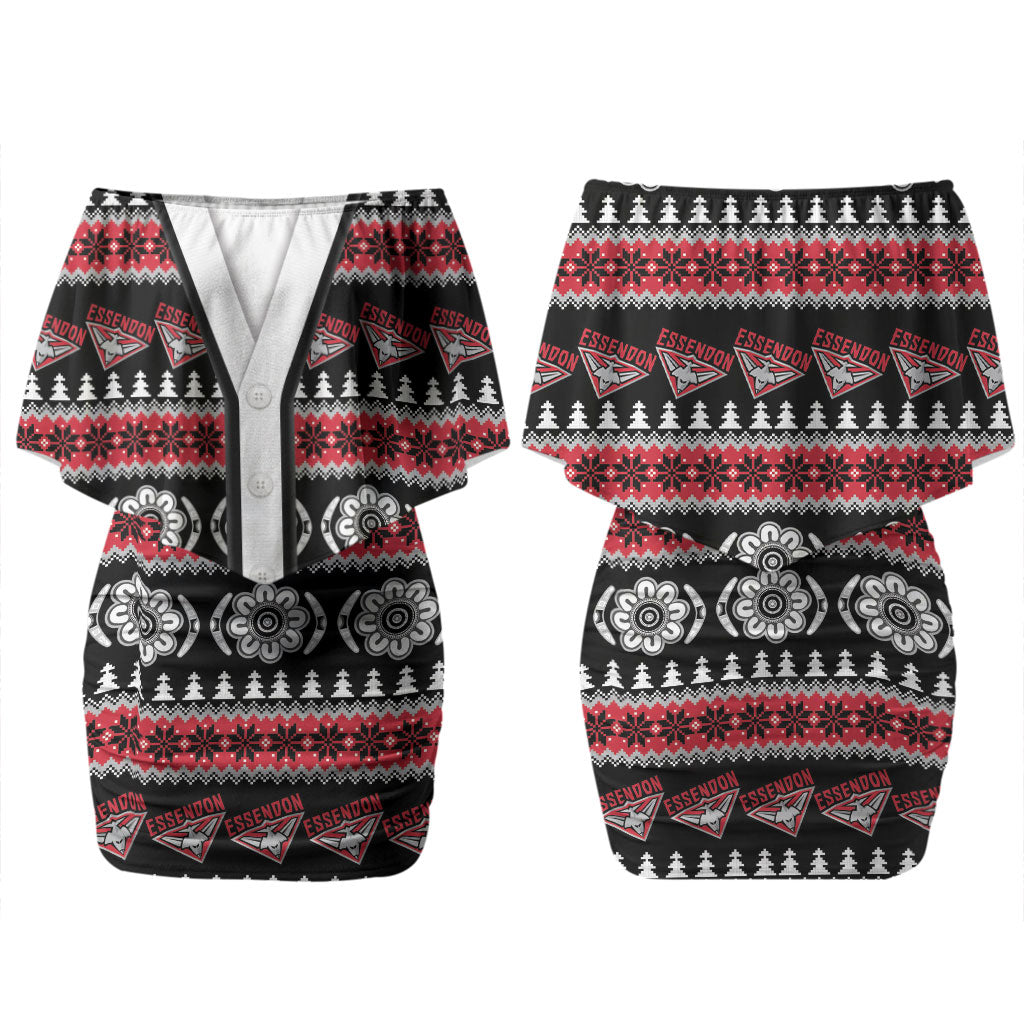 Essendon Football Christmas Couples Matching Off Shoulder Short Dress and Long Sleeve Button Shirt Aboriginal Seamless Cardigan Inspired