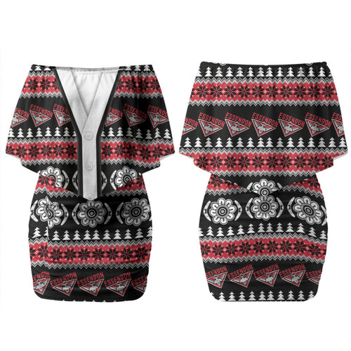 Essendon Football Christmas Couples Matching Off Shoulder Short Dress and Long Sleeve Button Shirt Aboriginal Seamless Cardigan Inspired