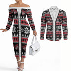 Essendon Football Christmas Couples Matching Off The Shoulder Long Sleeve Dress and Long Sleeve Button Shirt Aboriginal Seamless Cardigan Inspired