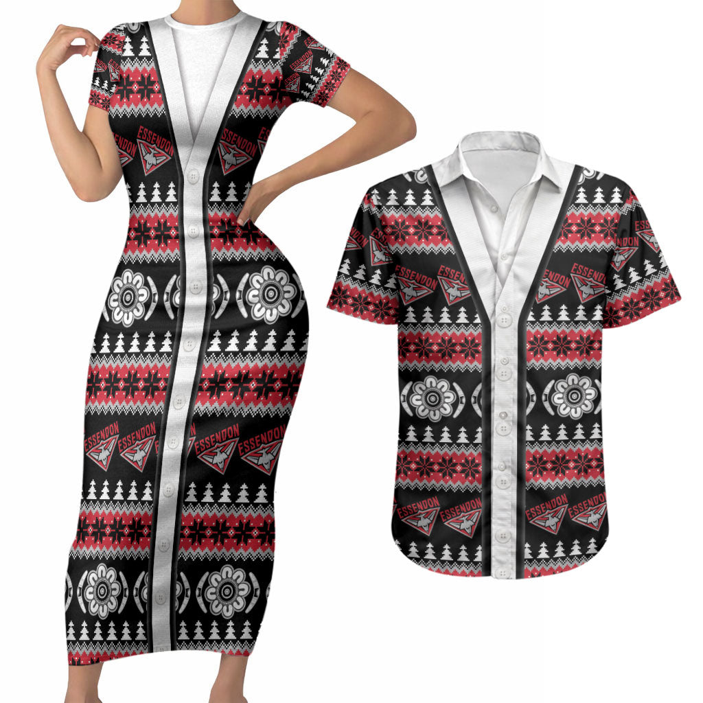 Essendon Football Christmas Couples Matching Short Sleeve Bodycon Dress and Hawaiian Shirt Aboriginal Seamless Cardigan Inspired