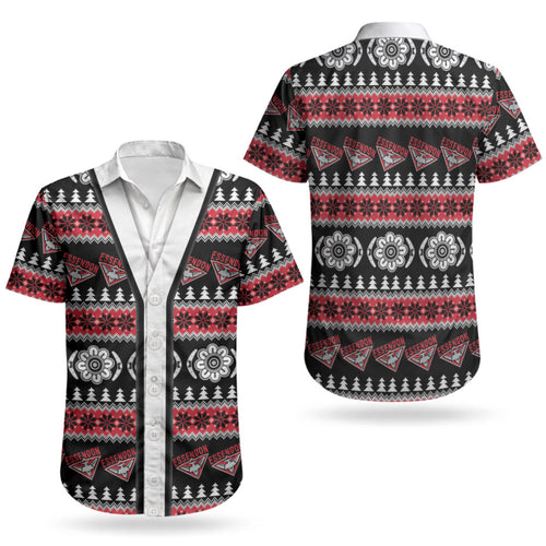 Essendon Football Christmas Couples Matching Short Sleeve Bodycon Dress and Hawaiian Shirt Aboriginal Seamless Cardigan Inspired