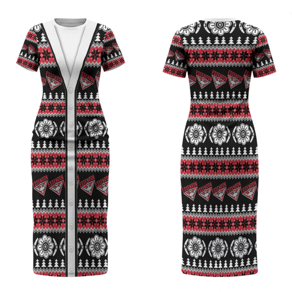 Essendon Football Christmas Couples Matching Short Sleeve Bodycon Dress and Hawaiian Shirt Aboriginal Seamless Cardigan Inspired