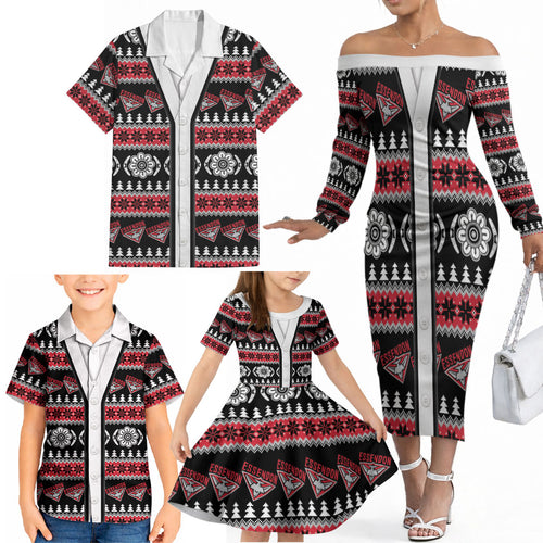 Essendon Football Christmas Family Matching Off The Shoulder Long Sleeve Dress and Hawaiian Shirt Aboriginal Seamless Cardigan Inspired