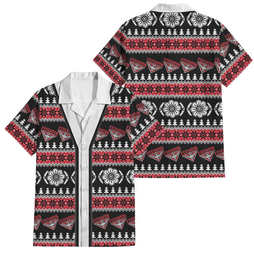 Essendon Football Christmas Family Matching Off The Shoulder Long Sleeve Dress and Hawaiian Shirt Aboriginal Seamless Cardigan Inspired