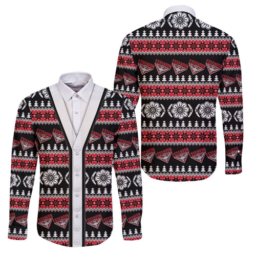 Essendon Football Christmas Family Matching Off The Shoulder Long Sleeve Dress and Hawaiian Shirt Aboriginal Seamless Cardigan Inspired