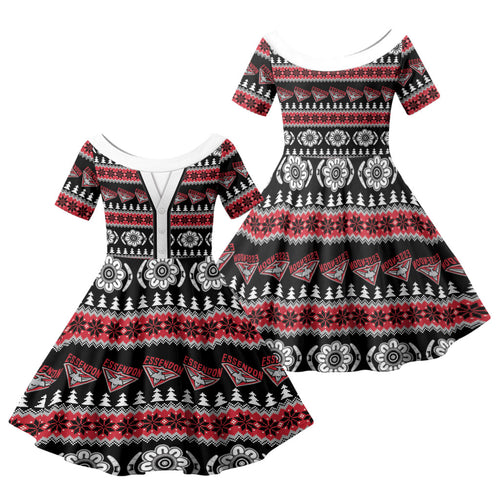 Essendon Football Christmas Family Matching Off The Shoulder Long Sleeve Dress and Hawaiian Shirt Aboriginal Seamless Cardigan Inspired