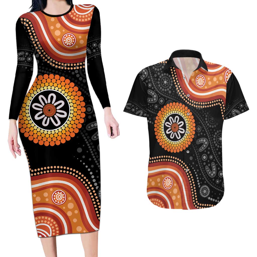 Australia Aboriginal Art Couples Matching Long Sleeve Bodycon Dress and Hawaiian Shirt Indigenous Proud