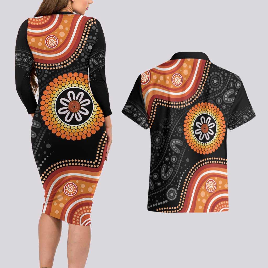 Australia Aboriginal Art Couples Matching Long Sleeve Bodycon Dress and Hawaiian Shirt Indigenous Proud