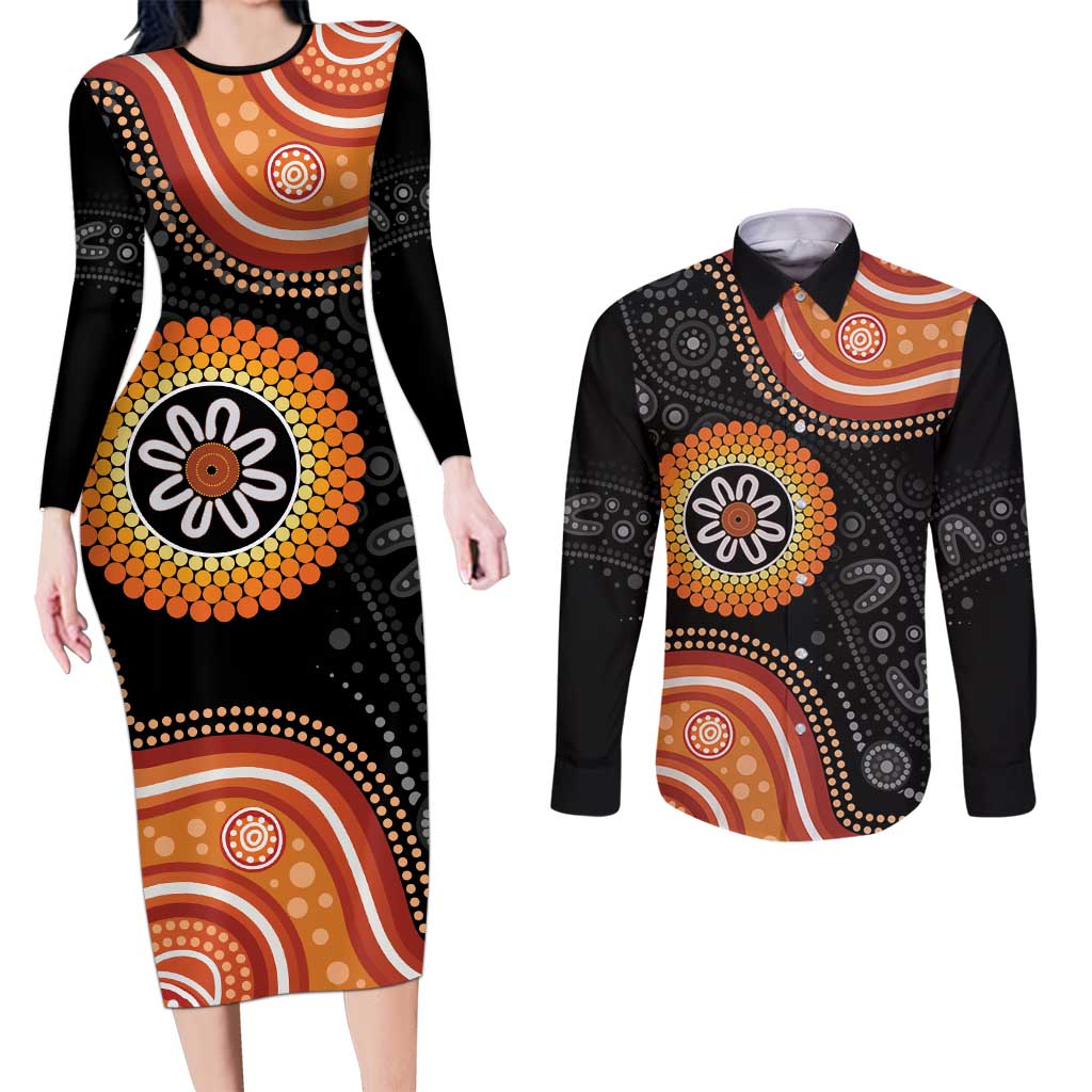 Australia Aboriginal Art Couples Matching Long Sleeve Bodycon Dress and Long Sleeve Button Shirt Indigenous Proud