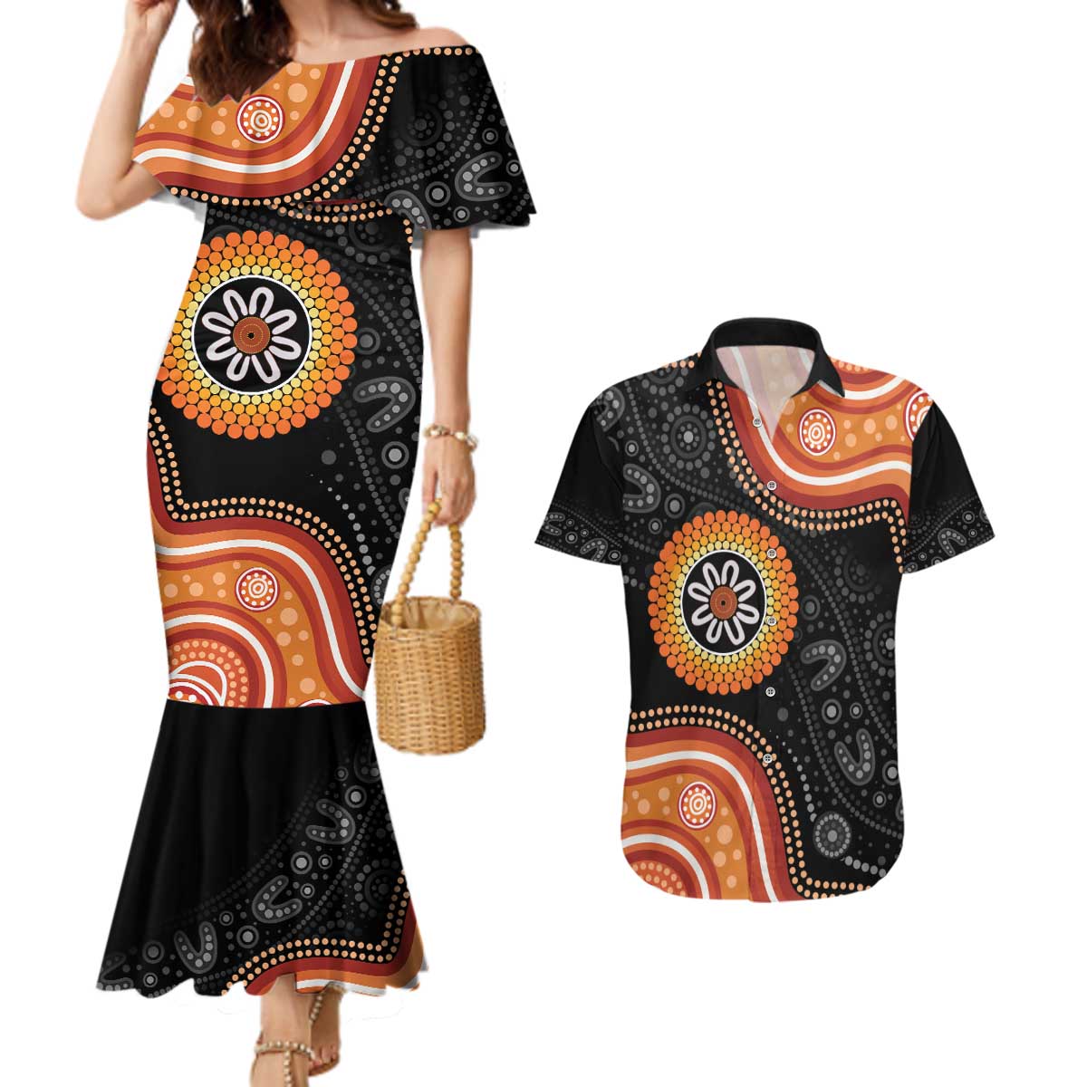 Australia Aboriginal Art Couples Matching Mermaid Dress and Hawaiian Shirt Indigenous Proud