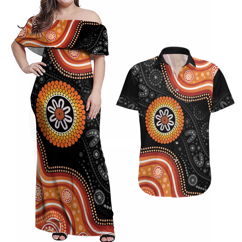 Australia Aboriginal Art Couples Matching Off Shoulder Maxi Dress and Hawaiian Shirt Indigenous Proud