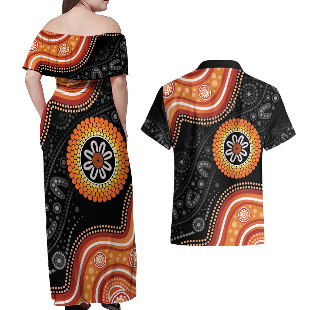 Australia Aboriginal Art Couples Matching Off Shoulder Maxi Dress and Hawaiian Shirt Indigenous Proud
