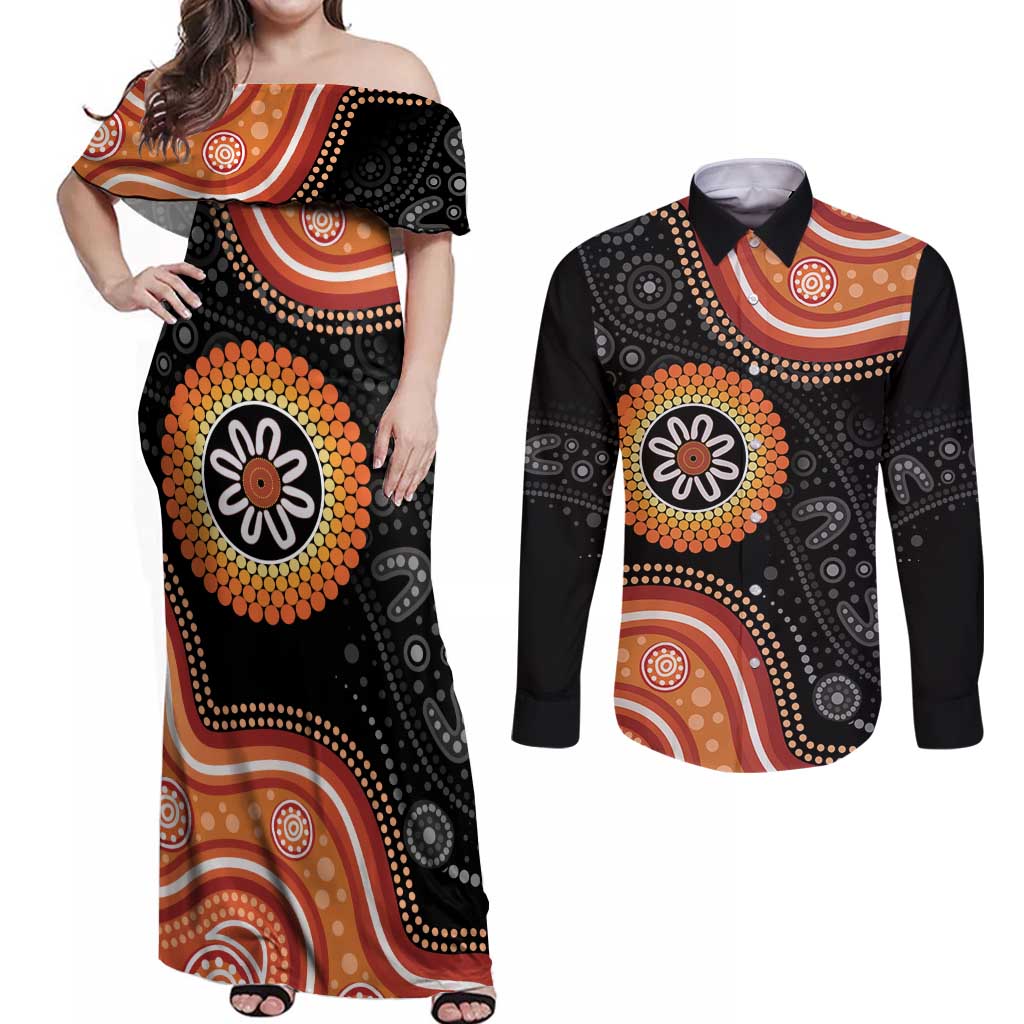 Australia Aboriginal Art Couples Matching Off Shoulder Maxi Dress and Long Sleeve Button Shirt Indigenous Proud